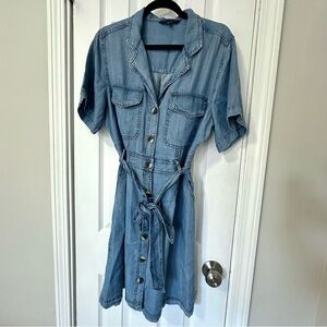 Velvet Heart Blue Denim Belted Midi Dress Women’s Large (L) Shortsleeve Classic